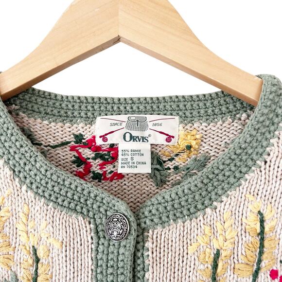 Vintage Orvis Tan Flower Embroidered Knit Cardigan Sz S - Picture 4 of 6